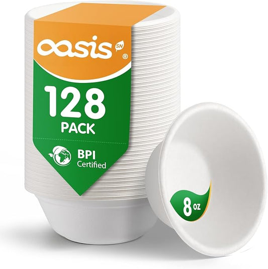 8 oz 128-Pack Compostable Paper Bowls, Small Disposable Dessert & Snack Bowls, Heavy-Duty Bagasse Bowls for Ice Cream, Sauce & Kids Meals, Microwave & Freezer Safe, Eco-Friendly (White)
