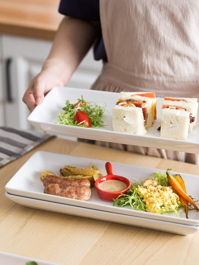 Serving Platters and Tray White Serving Dishes for Entertaining 14-inch Large Rectangle Plates for Easter, Mother's Day, Porcelain Serving Trays for Steak, Taco, Sushi, Appetizer, Party, Set of 4