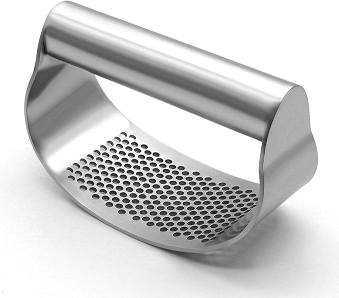 Garlic Press Rocker Stainless Steel, Fruit Crusher with Comfortable Handle Porous Surface, Easy Use & Clean, Vegetable Squeezer Kitchen Tool