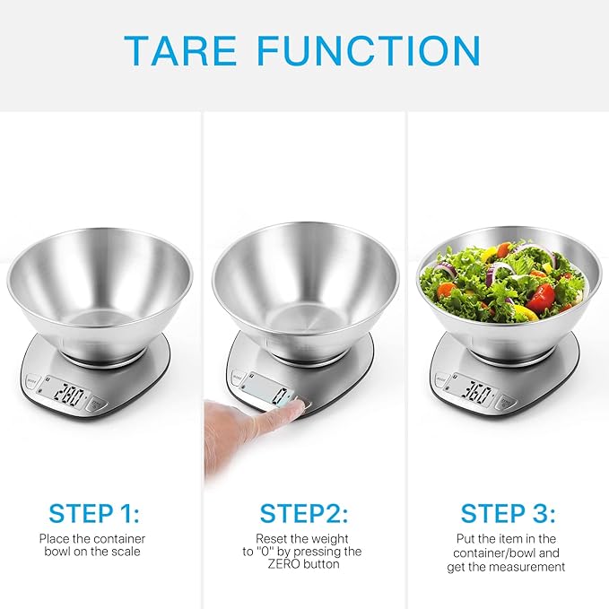 BAGAIL BASICS Digital Kitchen Scale, Large Clear Display, Wet and Dry Food Scale with Stainless Steel Mixing Bowl - 11 lb