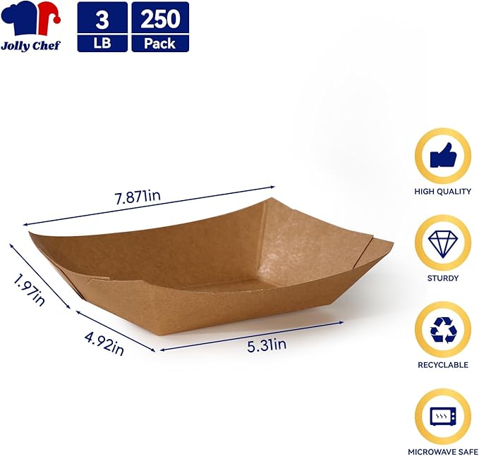 JOLLY CHEF 3lb Paper Food Trays,250 Pack Disposable Boat, Extra Large Food Serving Holder Tray for Gameday,Party, Nachos, Hot Dogs, Taco, French Fries