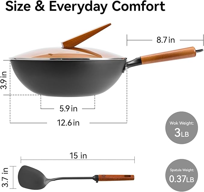 WANGYUANJI 12.6" Carbon Steel Wok with Glass Lid & Detachable Wood Handle, Heavy Duty Thick Gauge Flat Bottom Wok Pan for Induction, Gas & Electric Stoves, Unseasoned Asian Stir Fry Pan