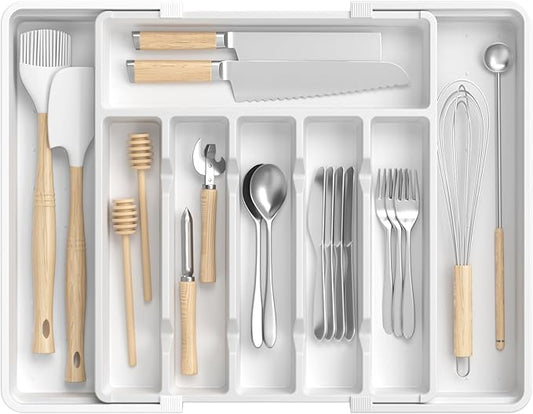 Large Silverware Organizer,Expandable Utensil Drawer Organizer,BPA Free Utensil Holder,Adjustable Silverware Tray Cutlery Drawer Organizer for Kitchen Flatware,Large,White (6-8 Slots)