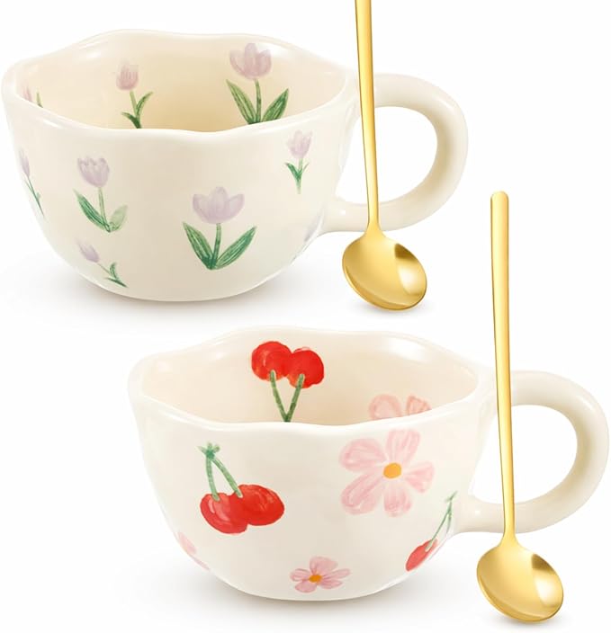 Vesici 2 Pcs Ceramic Coffee Mugs with Spoon, Vintage Floral Spring Mugs with Handle, 8.5 oz Aesthetic Flower Porcelain Tea Cup Set, Dishwasher & Microwave Safe for Home Office Gift(Cute)