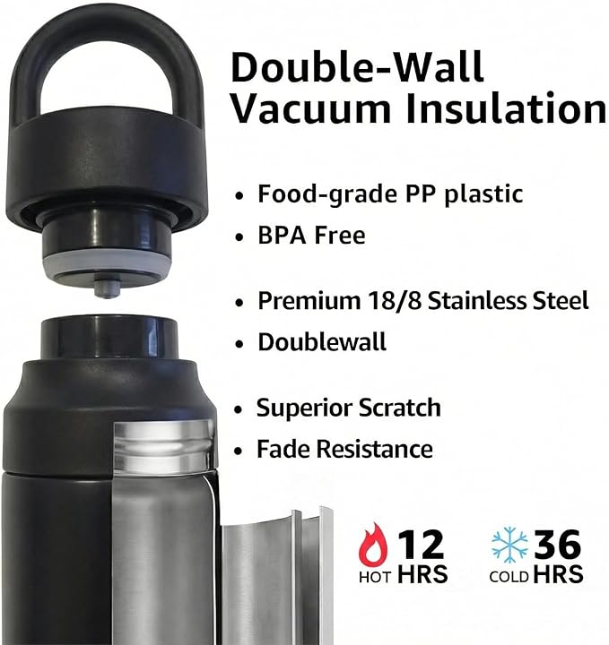 Black Stainless Steel Water Bottle Insulated 20 oz Tumbler with Handle,Leak Proof Travel Bottles,Water Cup with Lids