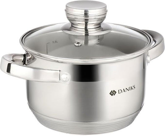 Daniks Standard 2 Quart Stainless Steel Stock Pot with Glass Lid, Try-Ply Bottom for Even Heating, Induction Compatible, Dishwasher Safe, Built-In Measuring Scale, Silver