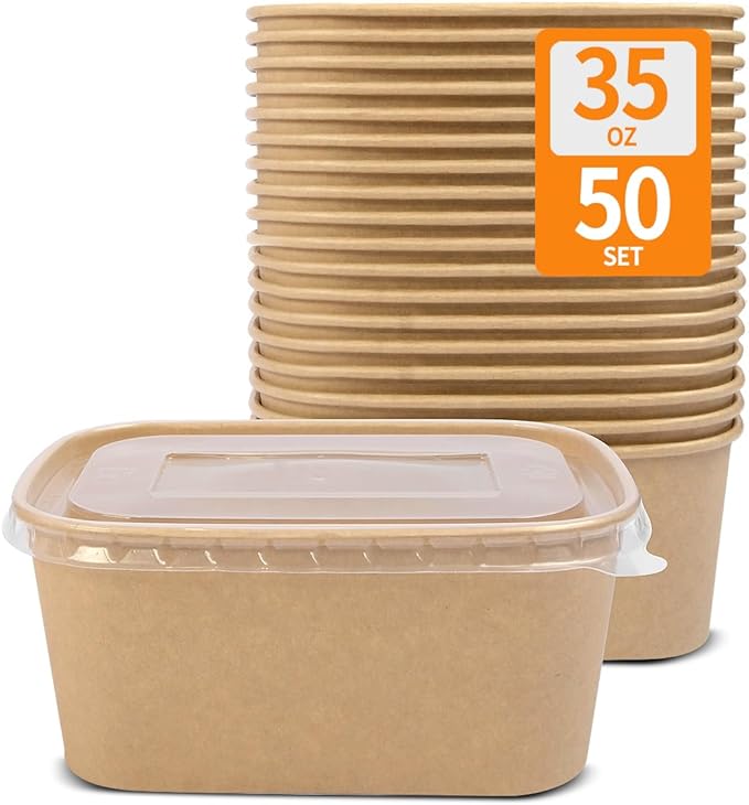 Celel 50 Pack 35 oz Paper Food Containers with Lids, Paper Meal Prep Containers Microwavable and Freezer Use Cardboard Food Concertinas - 50 Bowls 50 Lids