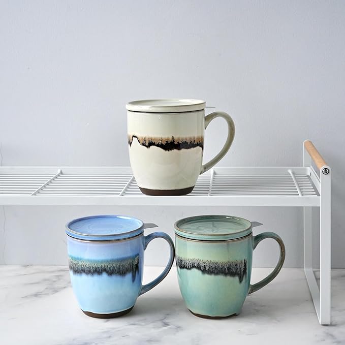 Bosmarlin Ceramic Tea Cup with Infuser and Lid, 16 Oz, 3 Colors to Choose, Microwave and Dishwasher Safe, Steeping Tea Mug with Strainer, Reactive Glaze (16 Oz, Turquoise Green Light)