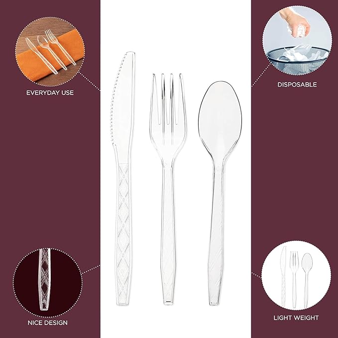PARTY BARGAINS Argyle Settings Clear Plastic Cutlery Set 360‑Piece – 180 Forks, 120 Spoons, 60 Knives – Heavy‑Duty Disposable Utensils for Parties, Weddings, Buffets, BBQs & Catering – BPA Free