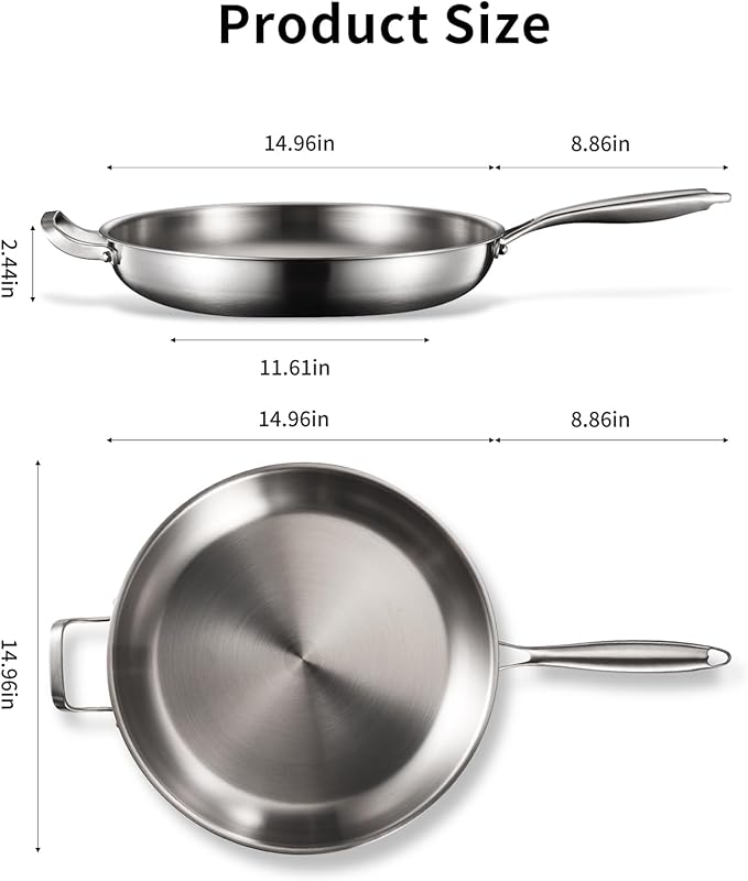 DELARLO Tri-Ply Stainless Steel Pan, 18/10 Frying Pan, Oven Safe Up to 600°F, Nontoxic Cookware, Compatible with All Cooktops Skillet, Durable, Fast Even Heat Fry Pan,Large 14.2 Inch Frying Pan