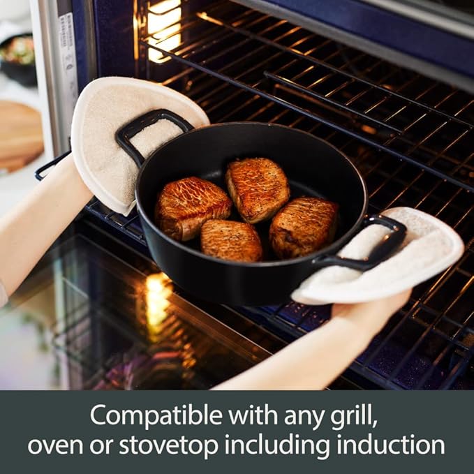 All-Clad Cast Iron Enameled Square Grill with Acacia Trivet 11 Inch Induction Oven Broiler Safe 650F Pots and Pans, Cookware Black