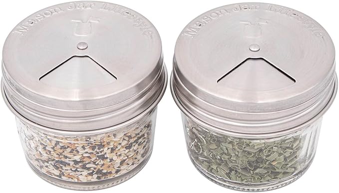 Mason Jar Lifestyle Adjustable Spice Shaker Lids for Regular Mouth Mason Jars – 4 Pack Stainless Steel Tops with Shaker and Pour Options – Seasoning Dispenser Lids