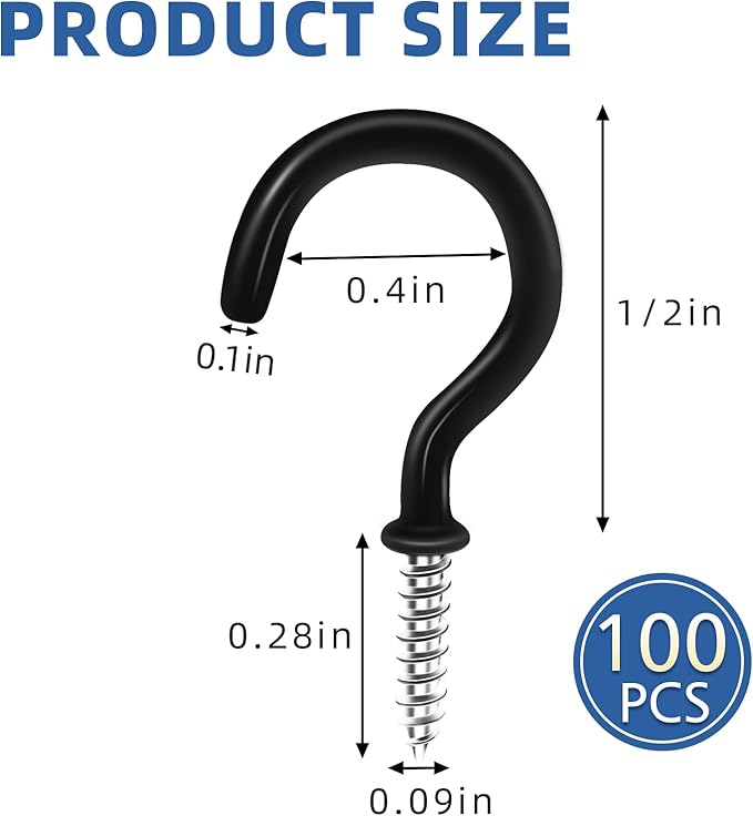 1/2" Small Black Vinyl Coated Screw-in Hooks, Ceiling Hooks Wall Hooks Hanging Hooks Kitchen Hooks Indoor Outdoor for Cups Decors Plants Utensils Lights Baskets Wreaths, 100 PCS