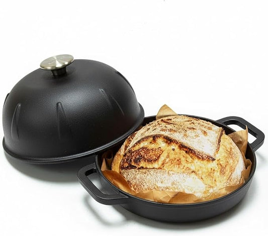 Cuisiland Pre-seasoned Heavy Duty Cast Iron Bread Cloche – Dome Lid Dutch Oven for Artisan Sourdough Baking – Heat-Retaining, Bakeware for Crispy Crust & Even Baking – Oven Safe (Black)