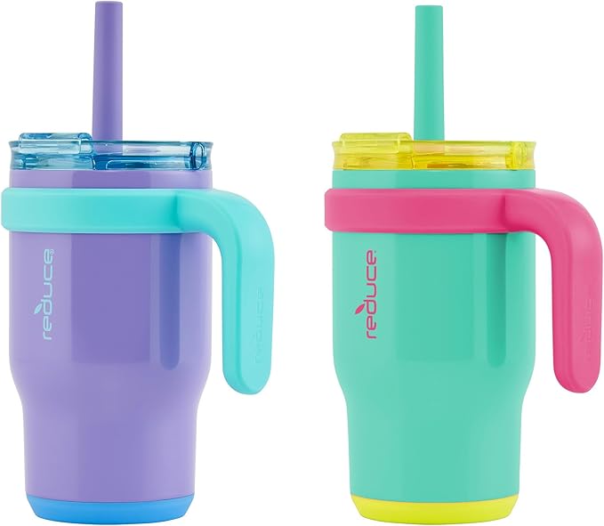 REDUCE 14 oz Coldee Tumbler with Handle for Kids - 2 Pack, Leakproof Insulated Stainless Steel Mug with Lid & Spill-Proof Straw, Keeps Drinks Cold up to 18 Hrs, Purple and Teal