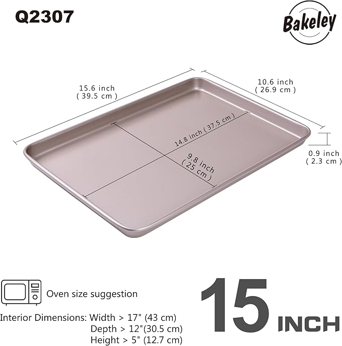 10x15 Jelly Roll Pan, 0.8mm Heavy Duty Non-Stick & Warp Resistant Baking Sheet, Rimmed Carbon Steel Cookie Sheet for Oven, Roasting Meat Bread Pizzas 15.6"x10.6"x0.96" (Champagne Gold)