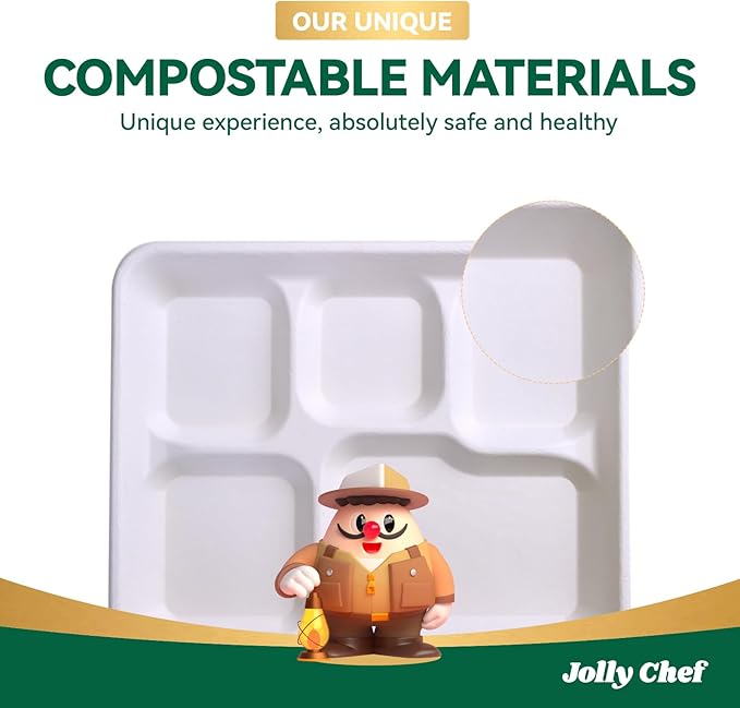 JOLLY CHEF Compostable 𝟱 Compartment Paper Plates 10*8.25*1 𝗶𝗻𝗰𝗵 [𝟱𝟬𝟬 𝗣𝗮𝗰𝗸] Small Heavy Duty Divided Disposable White Eco-Friendly Biodegradable Food Tray for School Lunch Dinner Christmas