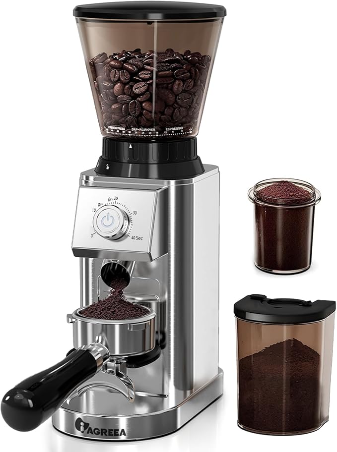 IAGREEA Conical Burr Coffee Grinder for Espresso, 48 Adjustable Precise Timed Grind Settings Electric Coffee Bean Grinder, Anti-Static Stainless Steel One Touch Grinder with Portafilter Holder