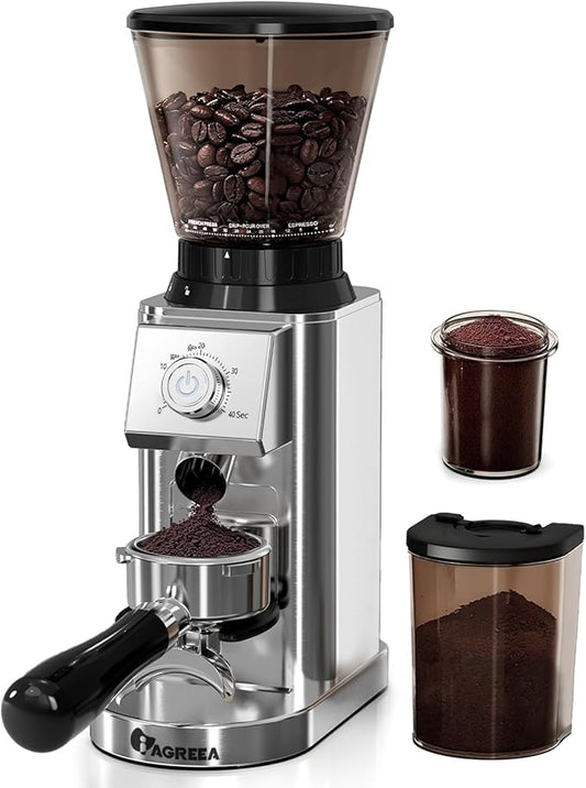 IAGREEA Conical Burr Coffee Grinder for Espresso, 48 Adjustable Precise Timed Grind Settings Electric Coffee Bean Grinder, Anti-Static Stainless Steel One Touch Grinder with Portafilter Holder