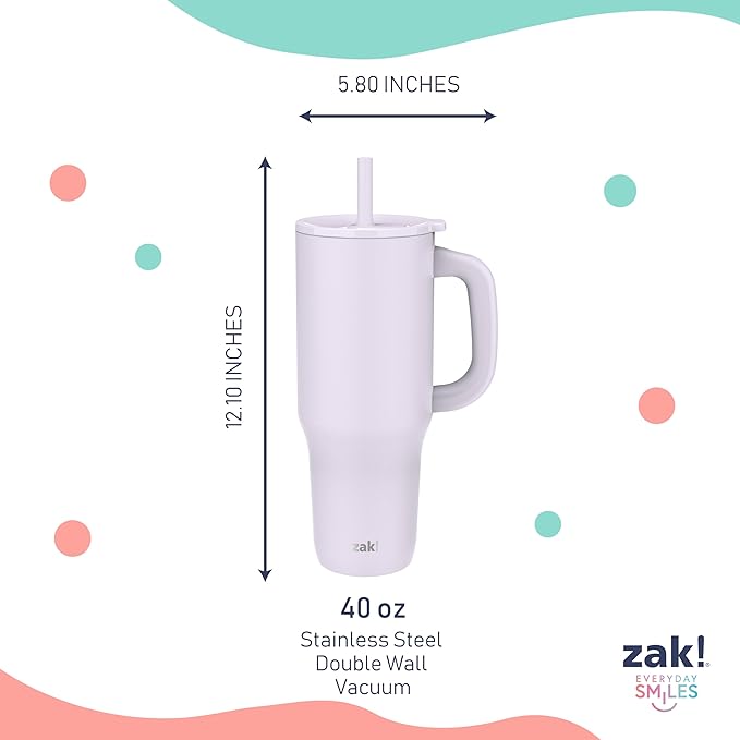 Zak Designs Sutton Travel Tumbler for On the Go, 40oz Stainless Steel with Vacuum Insulation, Silicone Straw, and Carry Handle for Cold Drinks (Smoky Lilac Purple)