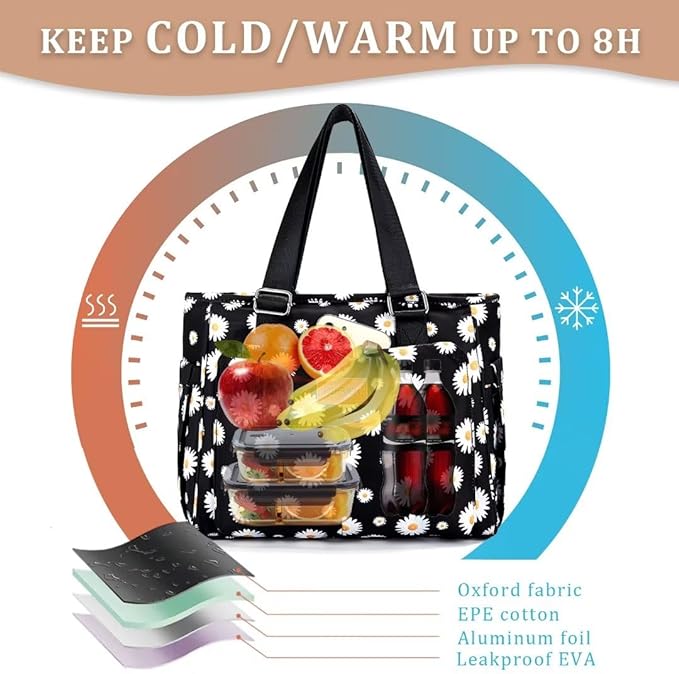Large Women Lunch Bags for Work/Insulated Adult Lunch Box for Women/Leakproof Cooler Lunch Tote Bag with Storage Pocket. Reusable Lunch Cooler Purse for Work Picnic Hiking 14L, Floral