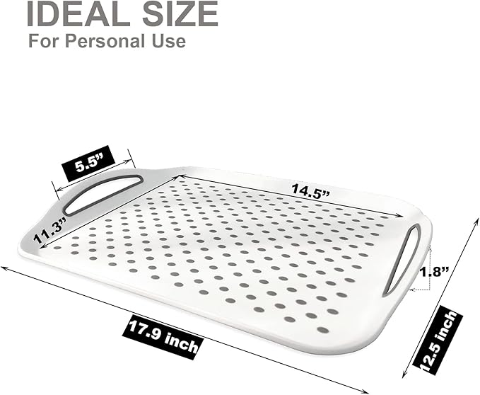 Large Non Slip Serving Tray with Handles, Silicone Gripping Nubs Lap Food Trays for Eating, Dishwasher Safe Serve for Dinner Snack Fruit Dessert Breakfast Beverage, Rectangular, Set of 2, White