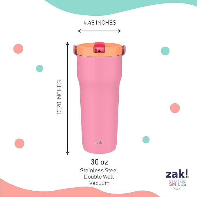 Zak Designs Sutton Travel Tumbler for On the Go, 30oz Stainless Steel with Vacuum Insulation, Straw Spout, Carry Handle for Cold Drinks (So Sweet Pink)