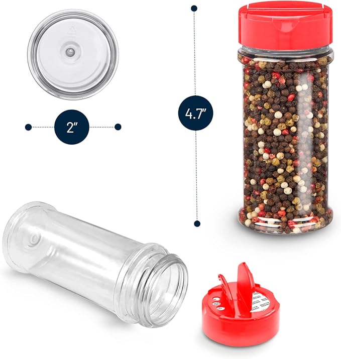 RoyalHouse - 6 PACK - 5.5 Oz with Red Cap - Plastic Spice Jars Bottles Containers, Perfect for Storing Spice, Herbs and Powders, Lined Cap - Safe Plastic, PET - BPA free - Made in USA