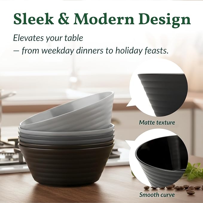 Homienly Wheat Straw Bowls 50 OZ, Reusable Unbreakable Large Cereal Bowls Soup Bowl Set, 6 PCS Microwave Safe Bowl for Kitchen, Camping, Family Dinner, Ramen, Popcorn - Black Grey
