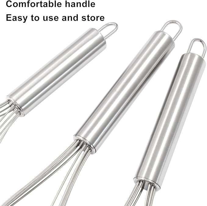 3 Pcs Kitchen Flat Whisk Set, Stainless Steel Egg Whisk Flat Wire Whisk 6 Wires Egg Mixing Whisk(6.73 Inch,10.11 Inch,10.51 Inch)