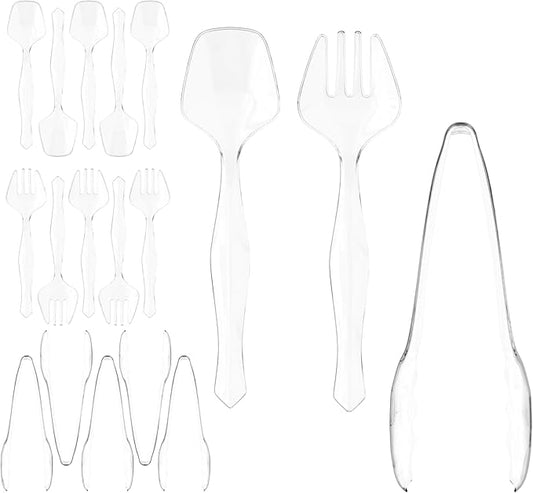 18 Pcs Clear Plastic Serving Utensils Set - 6 Clear Plastic Serving Spoons, 6 Tongs And 6 Forks - Heavy Duty Disposable Serving Utensils Set For Parties