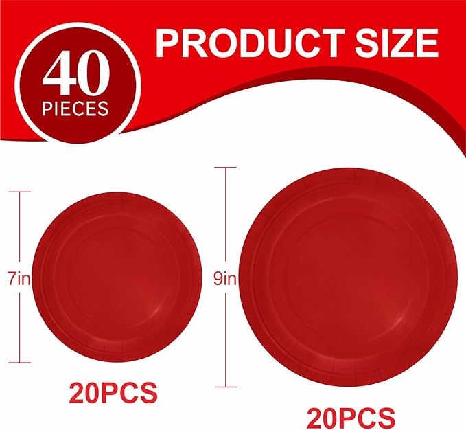 40Pcs Disposable Paper Plates Red,Including 20pcs 9" and 20pcs 7" Plates,Strong and Sturdy Disposable Plates for Party, Dinner, Holiday, Picnic,Birthday Party, Dinner Table, Wedding
