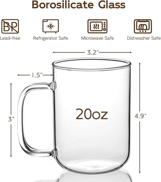 Glass Coffee Mugs, 20 oz Ice coffee cups, Large Clear Tea Cups Set of 2, Glass Mugs with Handles, Glass Cups for Latte, Cappuccino, and Tea