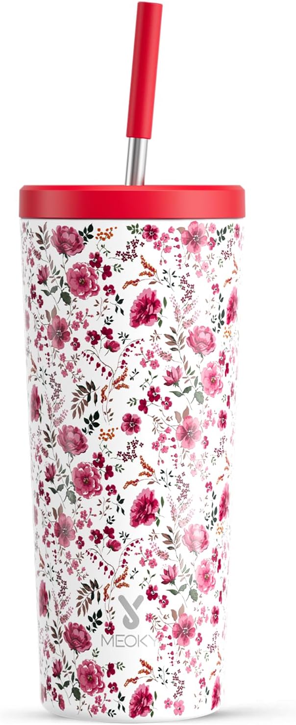 Meoky 24 oz Insulated Tumbler with Lid and Straw, Stainless Steel Vacuum Insulated Tumbler, Keeps Cold for 24 Hours, 100% Leak Proof, Fits in Car Cup Holder (Petal)