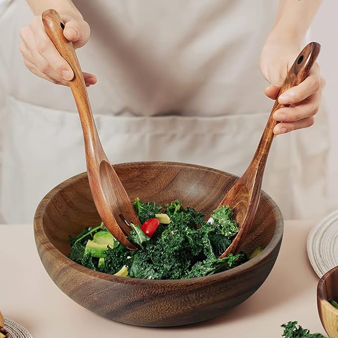 AOOSY Large Wooden Salad Bowl, Acacia Wood Salad Bowl with Salad Tongs, 9" x 2.8" Round Fruit Serving Bowl Set for Mixing Fruits Cereal Pasta,Set of 3
