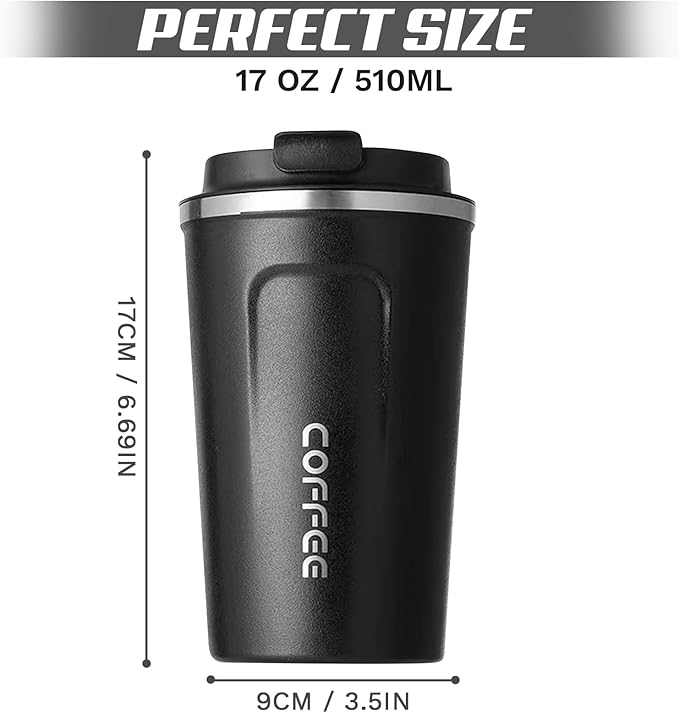 Travel coffee mugs leak-proof, reusable coffee cups with lids, stainless steel vacuum insulated coffee tumblers, thermal insulation cups for men & women keep drinks hot & cold(2nd-Black, 17OZ)