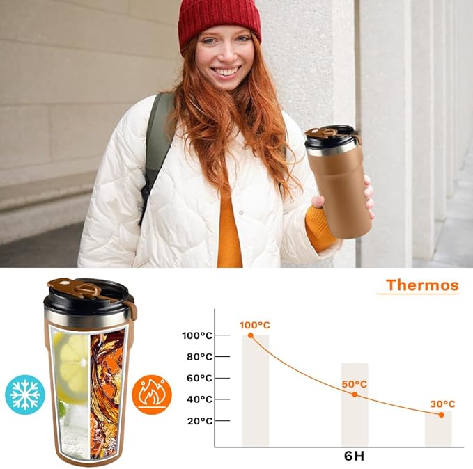 Travel Coffee Mugs Leak-Proof, Reusable Coffee Cups with Lids, Stainless Steel Vacuum Insulated Coffee Tumblers, Thermal Insulation Cups for Men and Women Hot & Cold Drinks(4th-Brown, 16OZ)