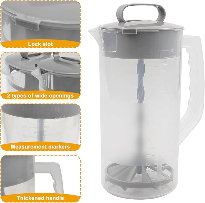 2 Pack Mixing Pitcher for Drinks 2 Quart/ 64oz Plastic Water Pitcher with Lid，Easy-Mix Juice Container，Angled Plastic Blades and Adjustable Mixer Plunger for Juice, Tea, Beverage Container