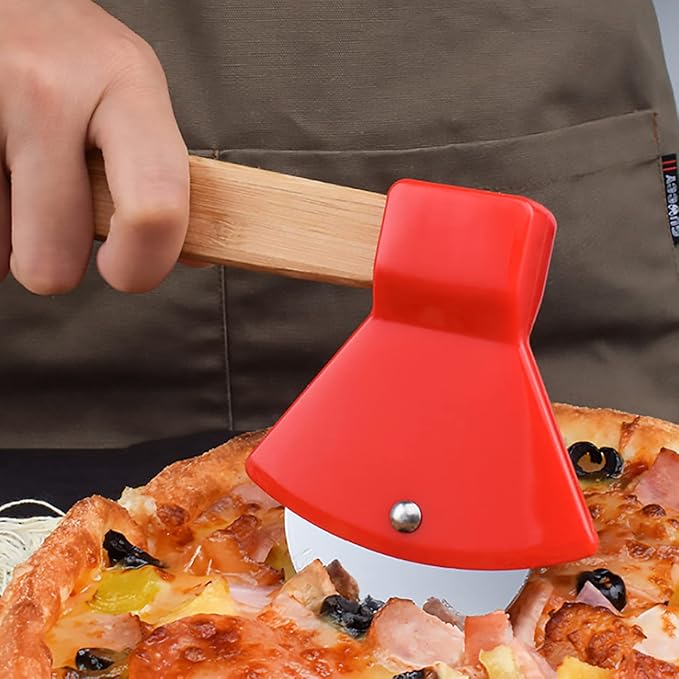 2Pcs Pizza Cutter Wheel, Axe Shaped Stainless Steel Pizza Knife With Bamboo Handles and Sharp Rotating Blades, Pizza Slicer Rolling Cutter for Pies, Cookies, Bread, Cakes (Red)