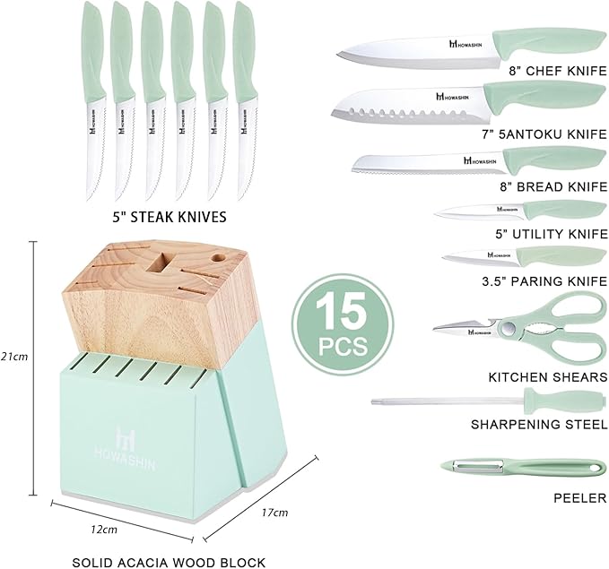 Knife Set, Howashin 15 Pieces Kitchen Knife Set with Built in Knife Sharpener, High Carbon German Stainless Steel Knife Block Set, Hand wash Safe Knives Set, Green