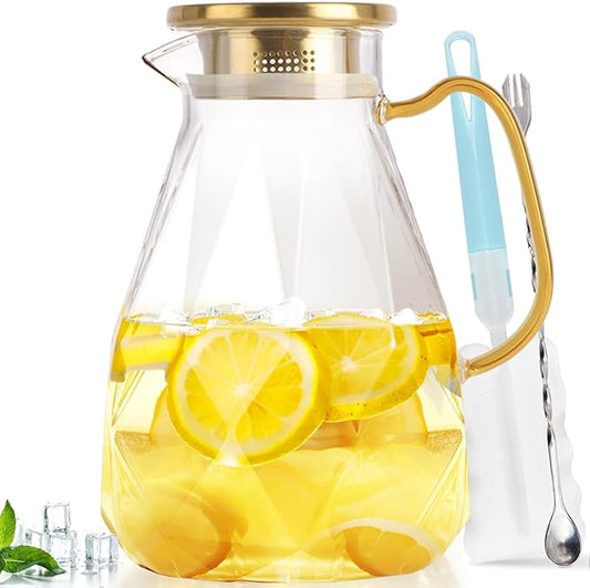 Yirilan Glass Pitcher, 2.4Liter Water Pitcher With Lid, Iced Tea Pitcher for Fridge, Glass Water Carafe With Lid, Glass Water Jug, Large Drink Pitcher For Juice, Milk, Cold Or Hot Beverages, 2400ML