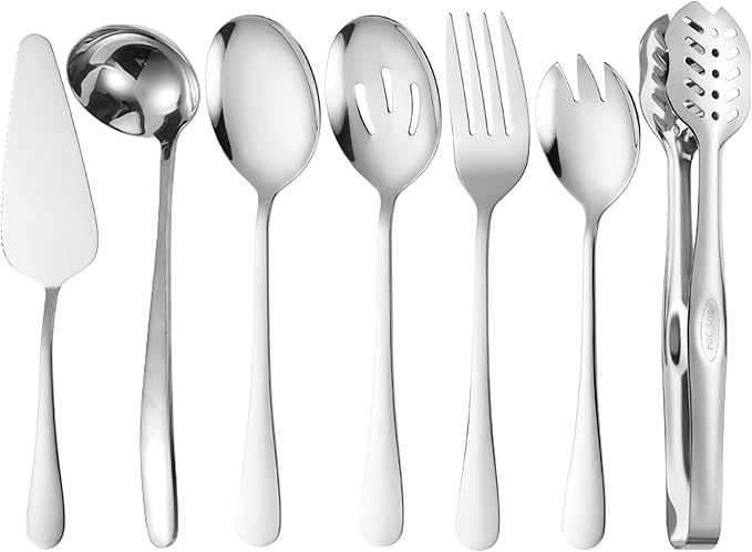 Silver Flatware 7 Piece Stainless Steel Set Includes Serving Spoons, Slotted Serving Spoon, Serving Tongs, Serving Fork, Salad Fork, Soup Ladle, Pie Server