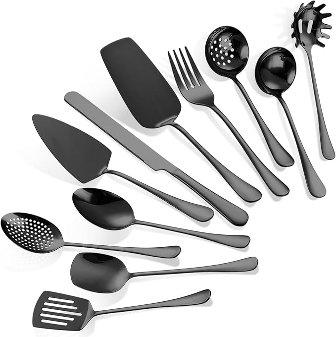 Black Stainless Steel Kitchen Utensils Set 11 Pcs Cooking Utensils Hostess Serving Heat Resistant Kitchen Essentials Metal Kitchen Gadgets Accessories,for Buffet,Wedding,Party Dishwasher Safe