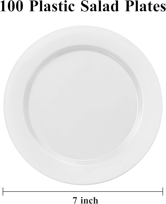 100PCS White Plastic Dessert Plates 7inch, Premium Hard Disposable Plates for Party, Wedding