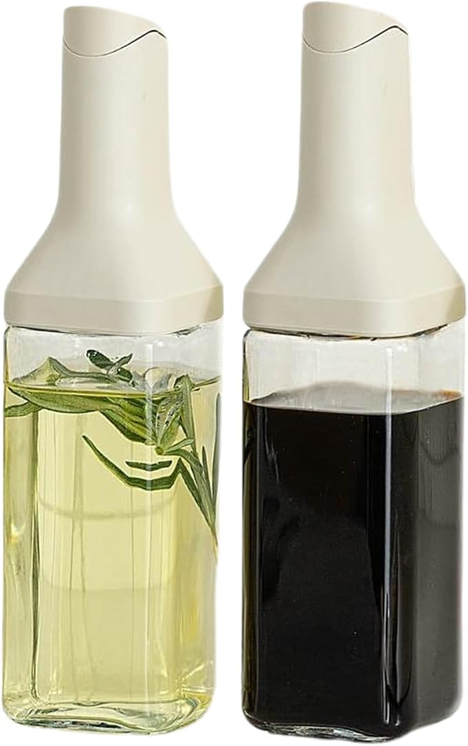 Oil Dispenser Bottle – Set of 2 12oz/350ml Oil and Vinegar Dispenser - Drip-Free Spout Glass Oil Dispenser – Kitchen Oil Dispenser with Automatic Pouring Lid - Olive Oil Bottle for Cooking