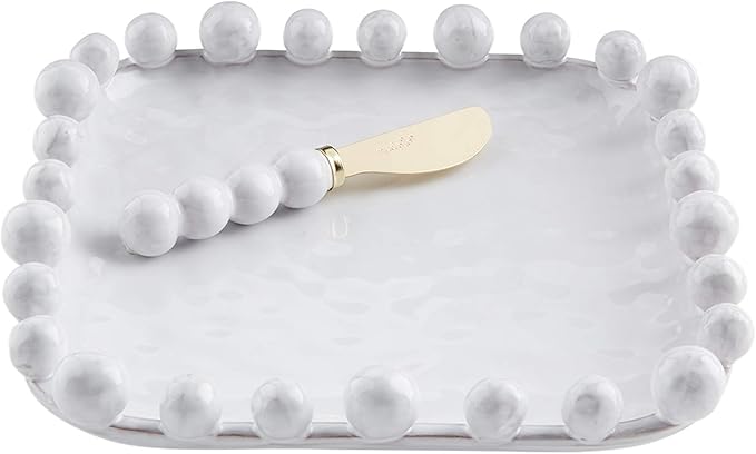 Mud Pie Beaded Boxed Cheese Set, Plate 9" x 9" | Spreader 6 1/2", White