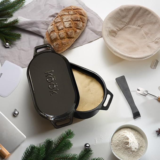 KooK Enameled Cast Iron Dutch Oven for Sourdough Bread Baking - 3.4 Qt Pot with Lid for Even Heat Distribution - Includes Lid Lever