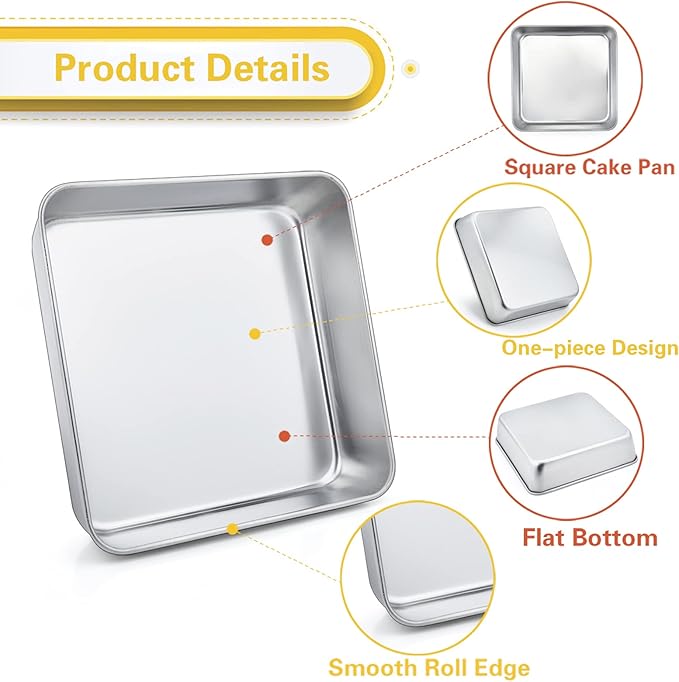 TeamFar 8 x 8 Inch Square Cake Pan, Square Baking Brownie Pan Stainless Steel for Wedding Christmas Party, Healthy & Non Toxic, Sturdy & Brushed Surface, Dishwasher Safe