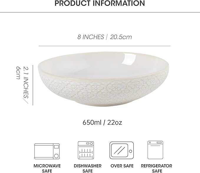 8 inch Pasta Bowls, 22 Oz Ceramic Serving Bowls Set of 4, Embossed Porcelain Salad Bowl, Serving Dishes for Pasta, Salad, Soup, Fruit, Housewarming Gift, Wedding Decor, Oven & Dishwasher Safe