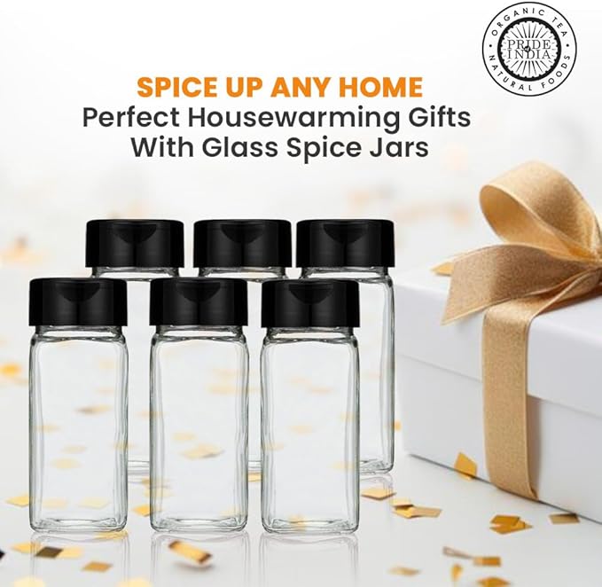 Small Clear Glass Spice Jars w/Dual Sifter Cap | Food Grade BPA Free USA Made | 4 Fluid Ounce Capacity by Pride Of India